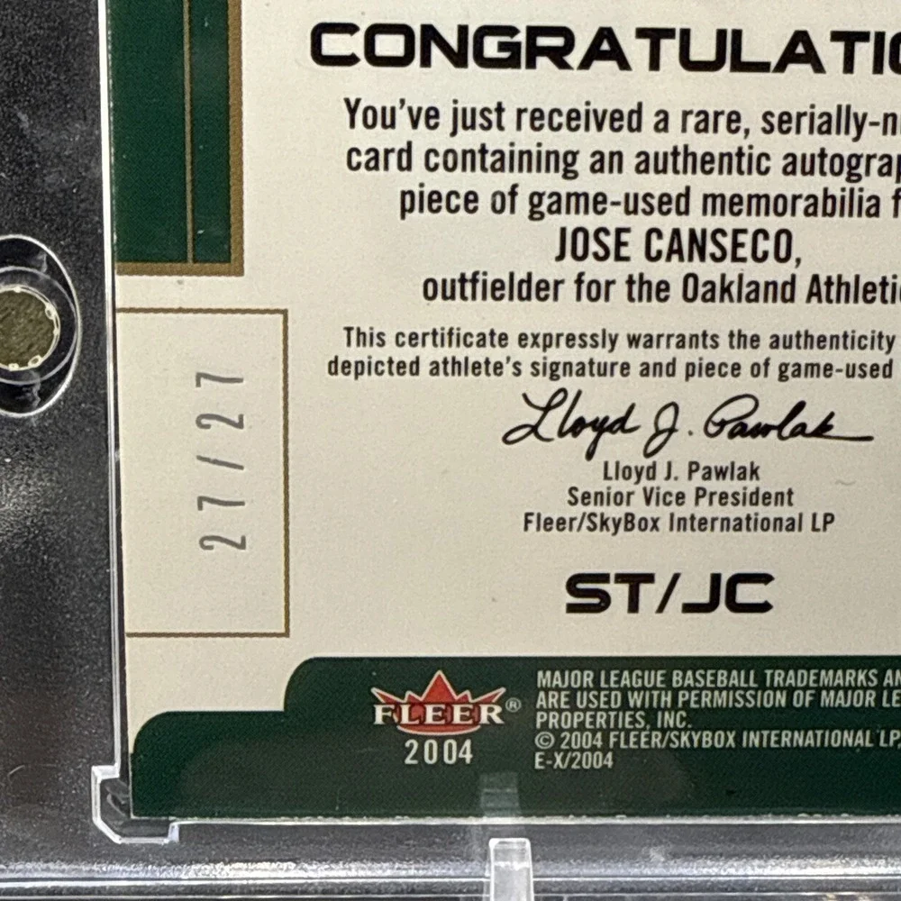 Jose Canseco 2004 Fleer E-X GU Jersey Auto 27/27 Signings of the Times